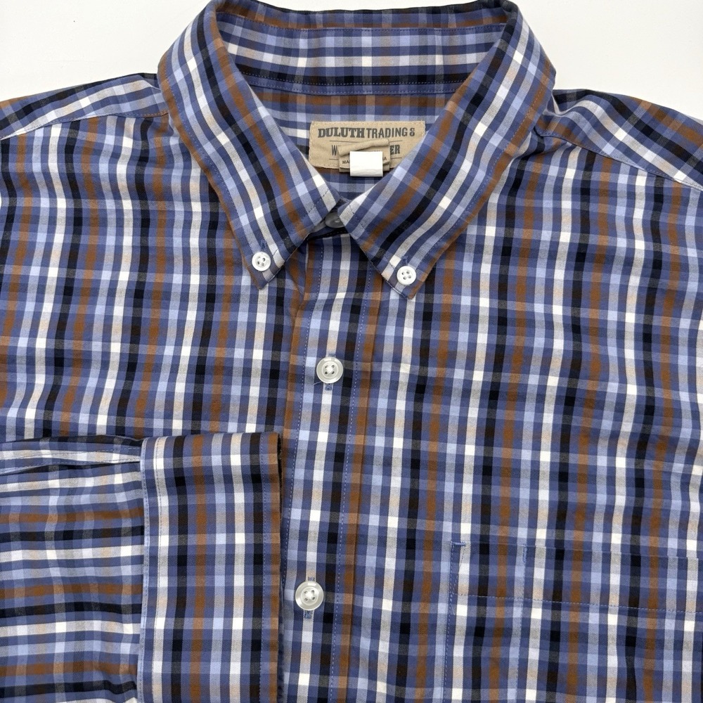 Duluth Trading Co Button Down Mens L Blue WrinkleFighter Plaid Long Sleeve Shirt